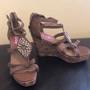 Beaded brown faux leather wedges!